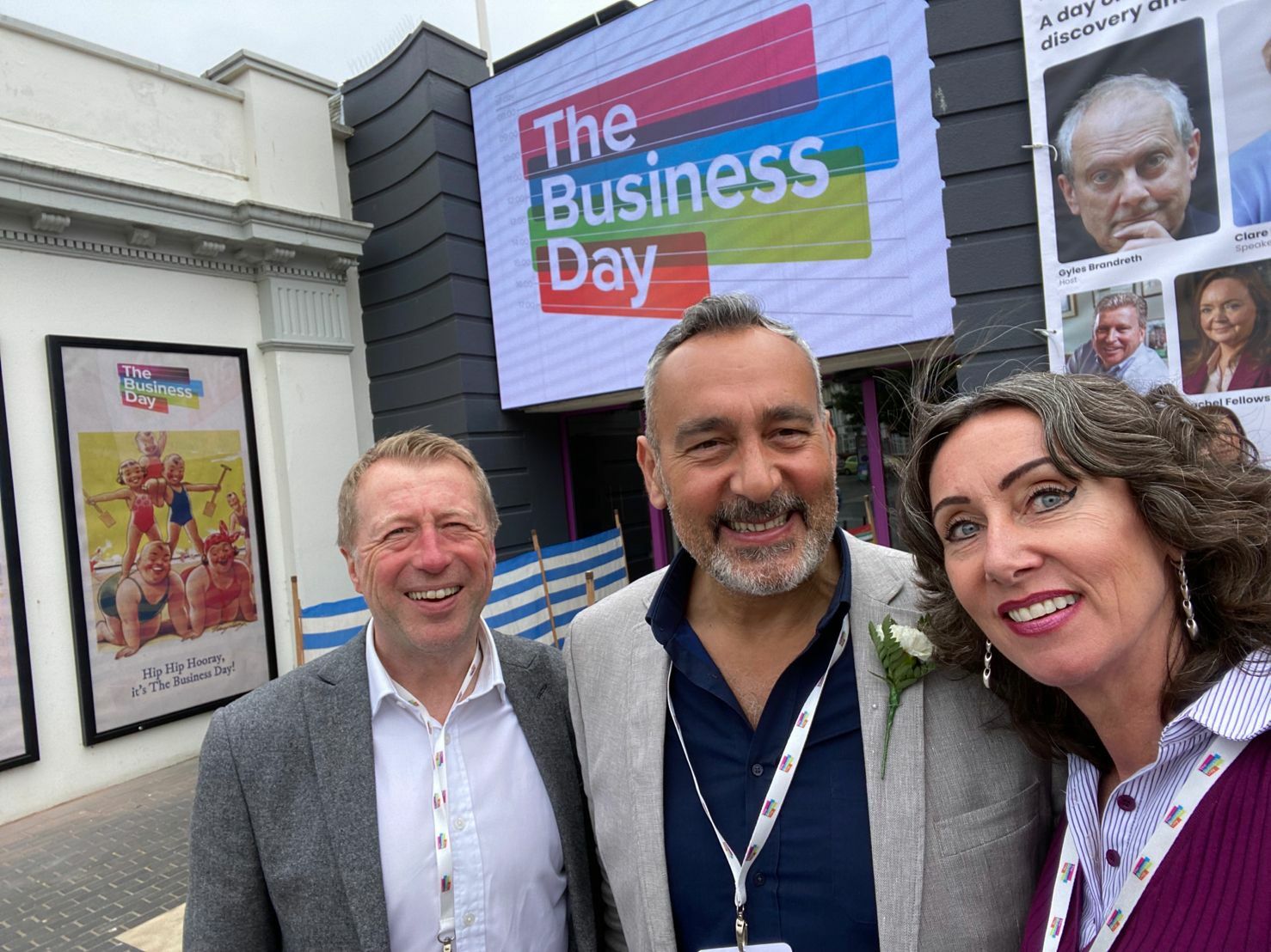 D3's Martin Shaw and ACA's Alex and Amelia Caruso outside the Bridlington Spa at the Business Day 2023.